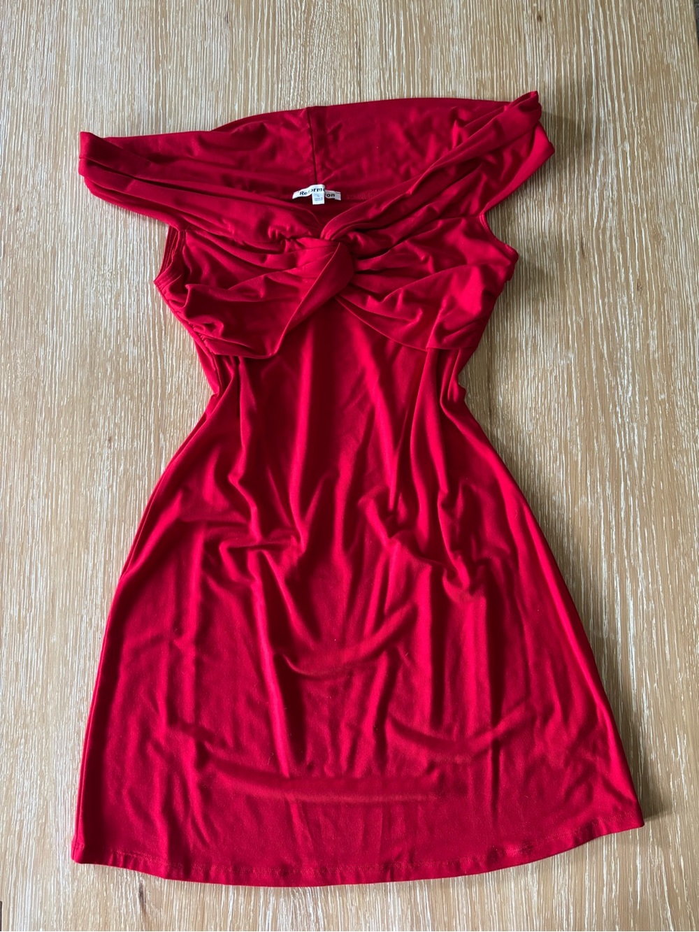 Reformation Red Off-Shoulder Twist-Front Mini Dress